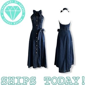 1994 MOSCHINO COUTURE Vintage Backless Sleeveless Denim Maxi Dress Pussybow 70s